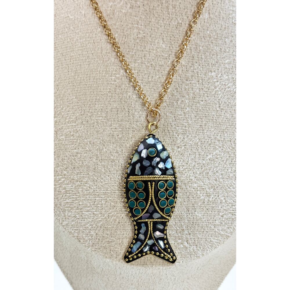 Fish Pendant Necklace Gold Tone Abalone Shell Mosaic 21" Chain N382 - Picture 3 of 4